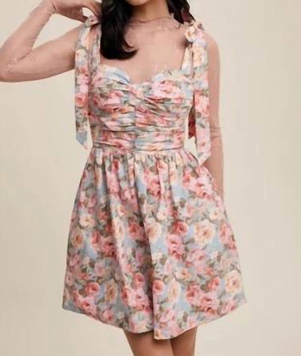 NEW LISTICLE flower print bustier tie shoulder dress in vintage blue